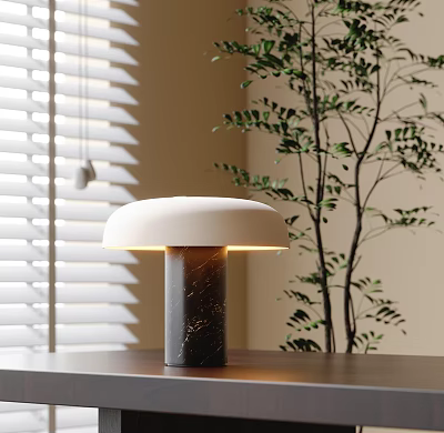Modern Stylish Table Lamp White Shade Black Marble Base On Wooden Tabletop Near Green Plant 3d model