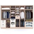 Organized Wooden Wardrobe Interior Design With Hanging Clothes Folded Garments And Storage Drawers