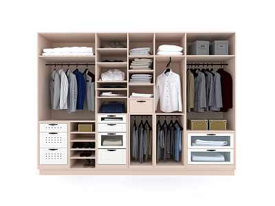 Organized Wooden Wardrobe Interior Design With Hanging Clothes Folded Garments And Storage Drawers 3d model