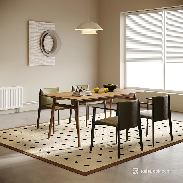 Wooden Dining Table With Dark Chairs Geometric Rug Window Blinds Wall Decor And Ceiling Lamp 3d model 