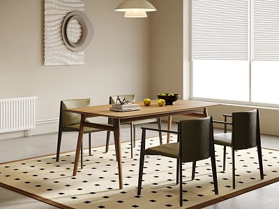 Wooden Dining Table With Dark Chairs Geometric Rug Window Blinds Wall Decor And Ceiling Lamp 3d model