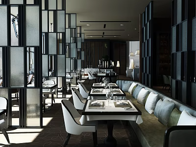 Modern Restaurant Interior With Partition Design Dining Tables And Comfortable Seating 3d model