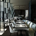 Modern Restaurant Interior With Partition Design Dining Tables And Comfortable Seating 3d model