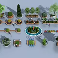 Various Tree Planter Designs With Bushes Trees Seating And Urban Landscape Elements 3d model