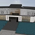 Modern Building Entrance With Wooden Canopy Stone Floor Water Pool And Glass Facade