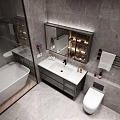 Modern Bathroom Vanity With Illuminated Mirror Cabinet Marble Wall Towel Rack And Toiletries