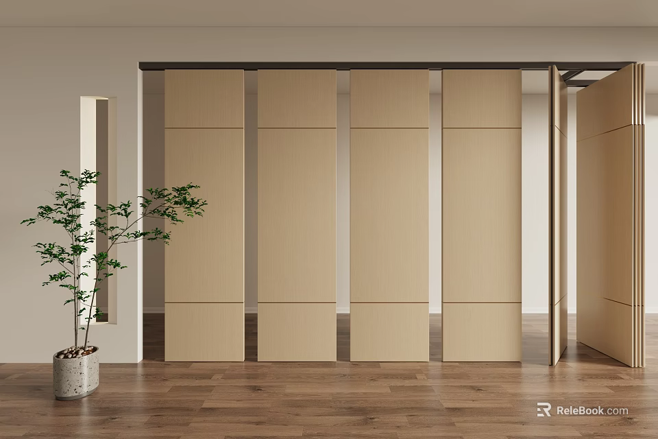 Modern Wooden Sliding Doors Interior Design With Floor And Plant In Living Space 3d model 