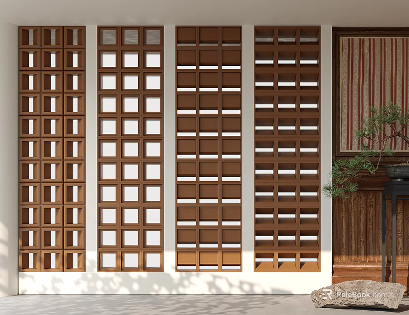 Wooden Lattice Room Dividers With Grid Design For Interior Space Separation 3d model 