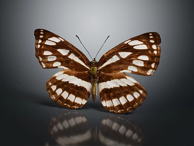 Brown and white butterfly with spotted wings on gray background showing clear reflection below 3d model