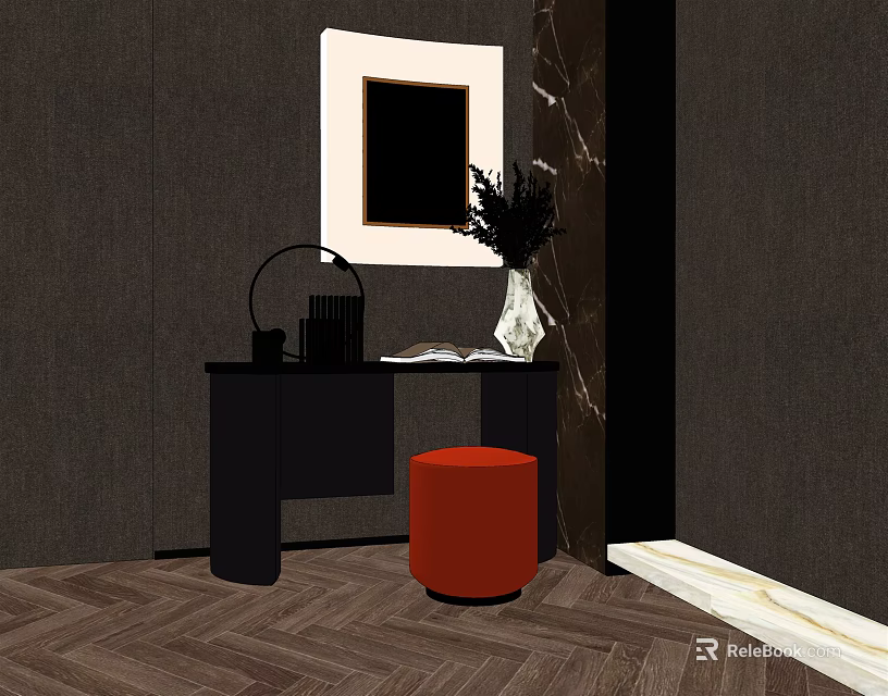 Modern Dressing Table Setup With Red Stool Mirror Vase And Herringbone Floor In Dark Walls 3d model