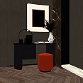 Modern Dressing Table Setup With Red Stool Mirror Vase And Herringbone Floor In Dark Walls 3d model