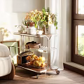 Elegant Rolling Side Table With Flowers Vase Books Fruit Basket And Natural Light By Window