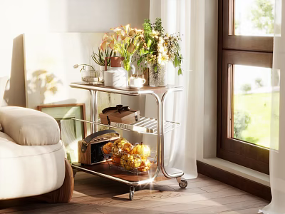 Elegant Rolling Side Table With Flowers Vase Books Fruit Basket And Natural Light By Window 3d model