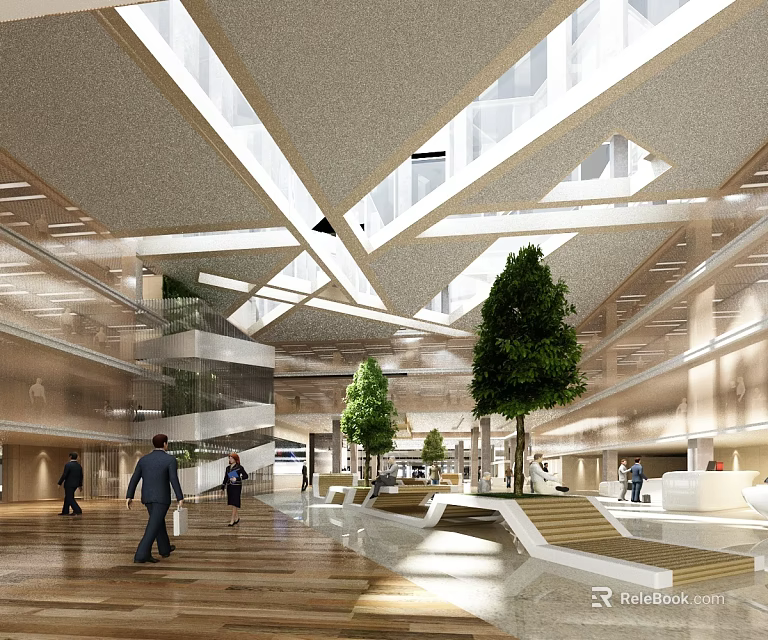 Spacious Shopping Mall Lobby With Modern Ceiling Design And Natural Light 3d model 
