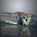 Layered Rock Structure With Green Plants On Gray Background And Bottom Reflection