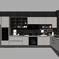 Sleek Modern Kitchen Interior With Grey Cabinets Black Marble Backsplash And Stainless Steel Kitchenware