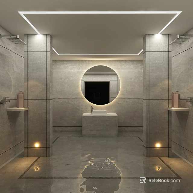 Modern SPA Sauna Interior With Gray Walls Round Mirror And Recessed Lighting 3d model 