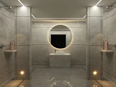 Modern SPA Sauna Interior With Gray Walls Round Mirror And Recessed Lighting 3d model