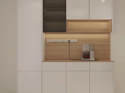 Modern White Sideboard With Wooden Countertop Coffee Maker And Storage Cabinets 3d model