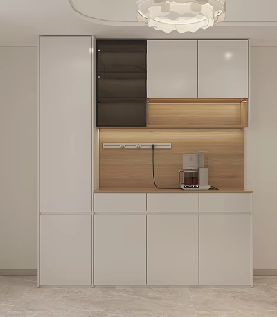 Modern White Sideboard With Wooden Countertop Coffee Maker And Storage Cabinets 3d model