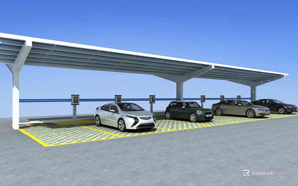 Covered Parking Area With Electric Vehicle Charging Stations And Cars 3d model 