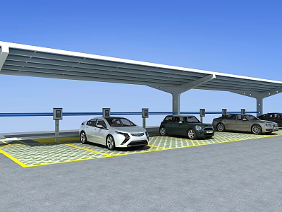 Covered Parking Area With Electric Vehicle Charging Stations And Cars 3d model