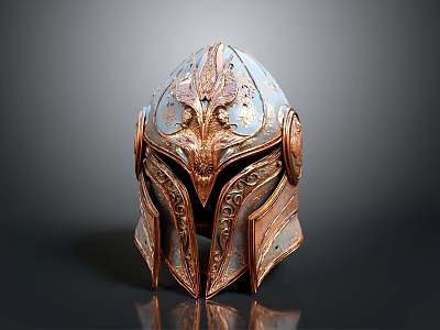 Ornate Bronze Helmet With Intricate Carved Patterns And Shiny Metallic Surface 3d model