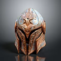 Ornate Bronze Helmet With Intricate Carved Patterns And Shiny Metallic Surface