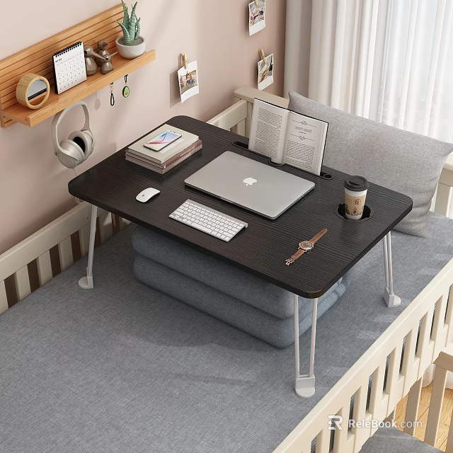 Portable Bed Desk Setup With Laptop Keyboard Mouse Coffee Cup And Watch 3d model