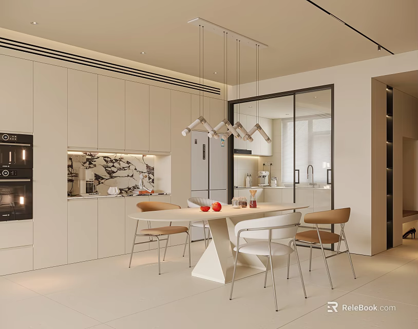 Modern Restaurant Open Design Interior With Dining Table Chairs And Pendant Lights 3d model