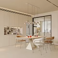 Modern Restaurant Open Design Interior With Dining Table Chairs And Pendant Lights 3d model