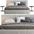 Gray Fabric Double Bed With Soft Pillows And Wooden Nightstand Design