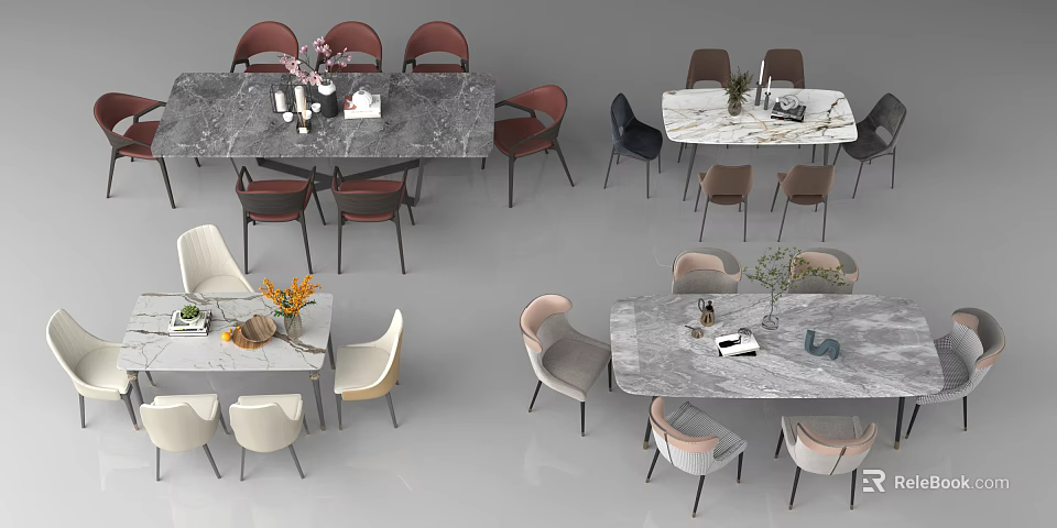 Modern Dining Table Set With Marble Tabletop And Various Colored Chairs With Decorative Items 3d model