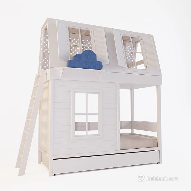 White House Shaped Kids Bunk Bed With Decorative Windows And Ladder 3d model 