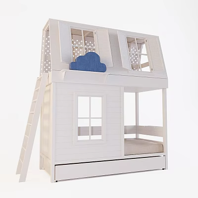 White House Shaped Kids Bunk Bed With Decorative Windows And Ladder 3d model