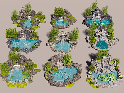 Beautiful Rockery Stones Design Featuring Water Pools Waterfalls Green Plants And Lotus Leaves 3d model