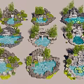 Beautiful Rockery Stones Design Featuring Water Pools Waterfalls Green Plants And Lotus Leaves