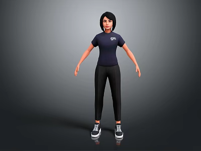 Short Haired Character In Dark Blue T-Shirt Black Pants Black White Sneakers Against Grey Background 3d model