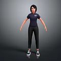 Short Haired Character In Dark Blue T-Shirt Black Pants Black White Sneakers Against Grey Background