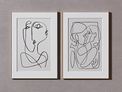 Two Abstract Face Line Art Wall Hangings With Golden Frames Grey Background 3d model