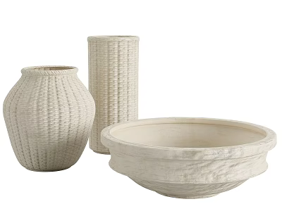 Cream White Ceramic Vessels with Woven Texture Vase Tall Cylinder and Bowl 3d model