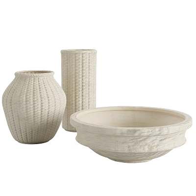Cream White Ceramic Vessels with Woven Texture Vase Tall Cylinder and Bowl 3d model
