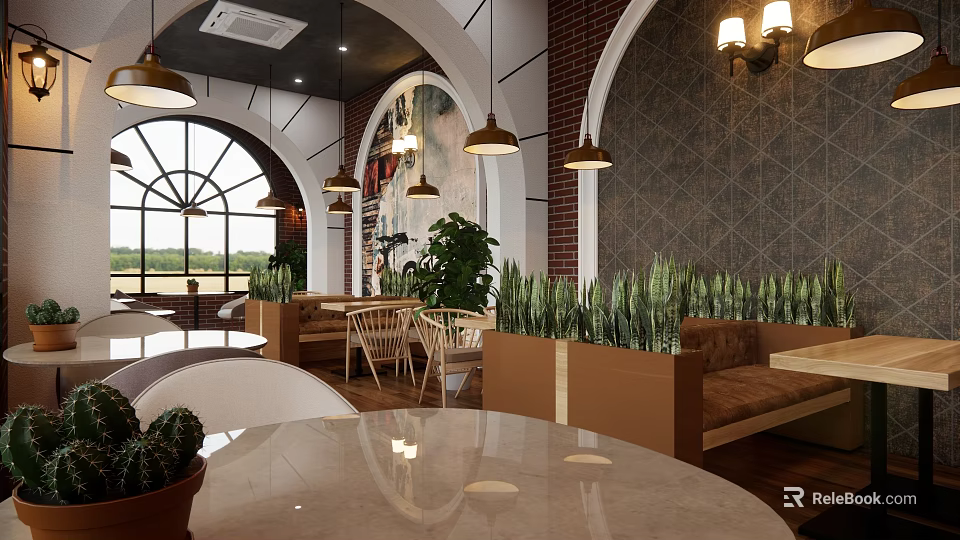 Cozy Café Interior With Arched Windows Red Brick Walls Pendant Lights And Green Plants 3d model 