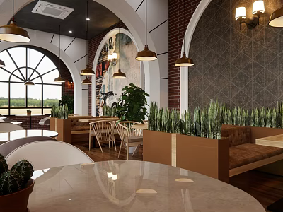 Cozy Café Interior With Arched Windows Red Brick Walls Pendant Lights And Green Plants 3d model