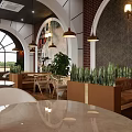 Cozy Café Interior With Arched Windows Red Brick Walls Pendant Lights And Green Plants