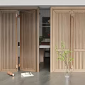 Modern Wooden Double Doors With Vertical Slats In Interior Space With Potted Plant And Mirror