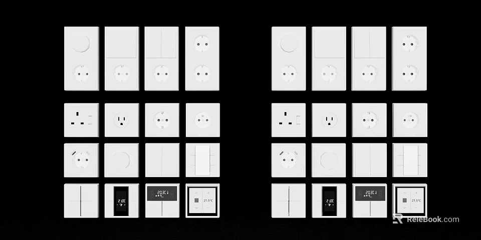 Modern White Switch Panels Featuring Various Home Electrical Outlets And Designs 3d model