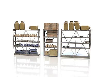 Industrial Style Storage Shelves With Clay Jars Wooden Crates Mugs And Shoes 3d model