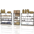 Industrial Style Storage Shelves With Clay Jars Wooden Crates Mugs And Shoes