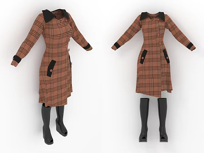 Brown Plaid Dress With Black Collar Cuffs Pockets And Long Sleeves Design 3d model